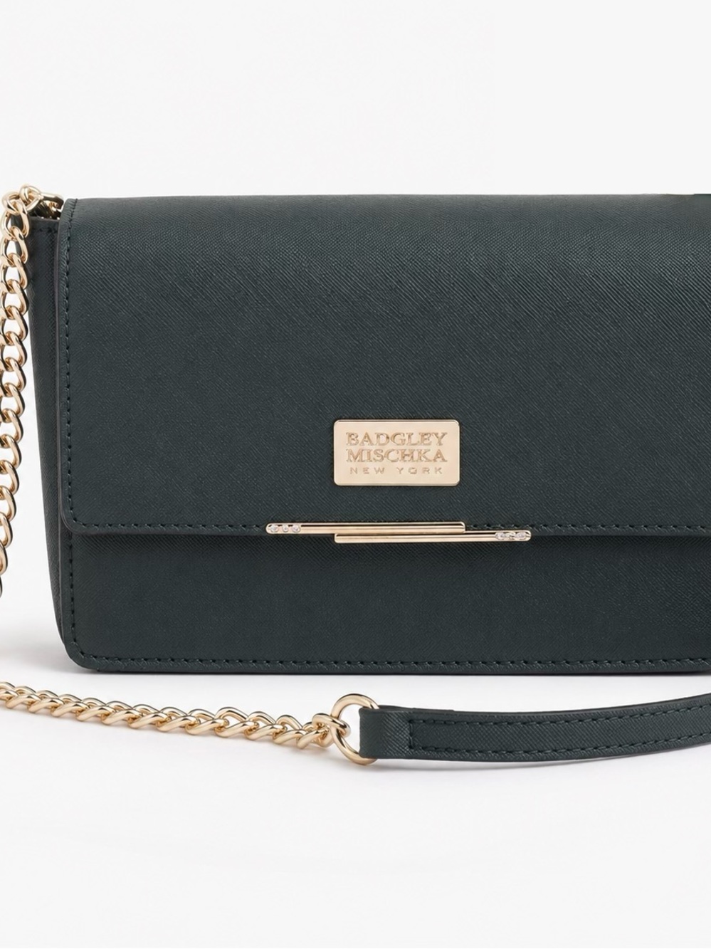 NEW Badgley Mischka New York Louise Saffiano Black Clutch Crossbody Chain Purse